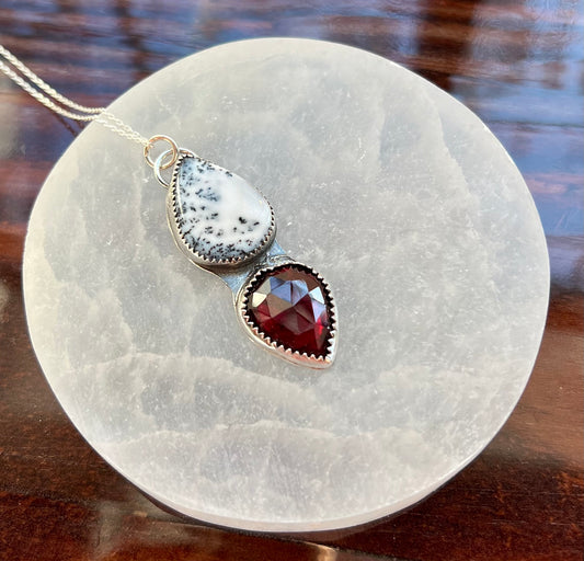 Dendritic Opal and Garnet Sterling Silver Necklace
