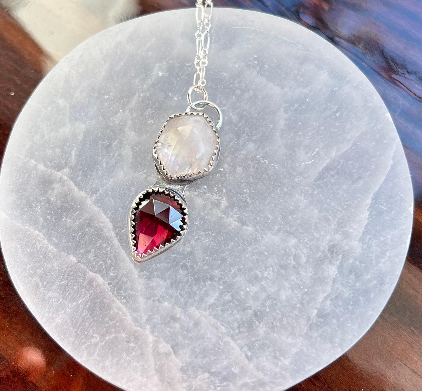 Moonstone and B L O O D Garnet Sterling Silver Necklace