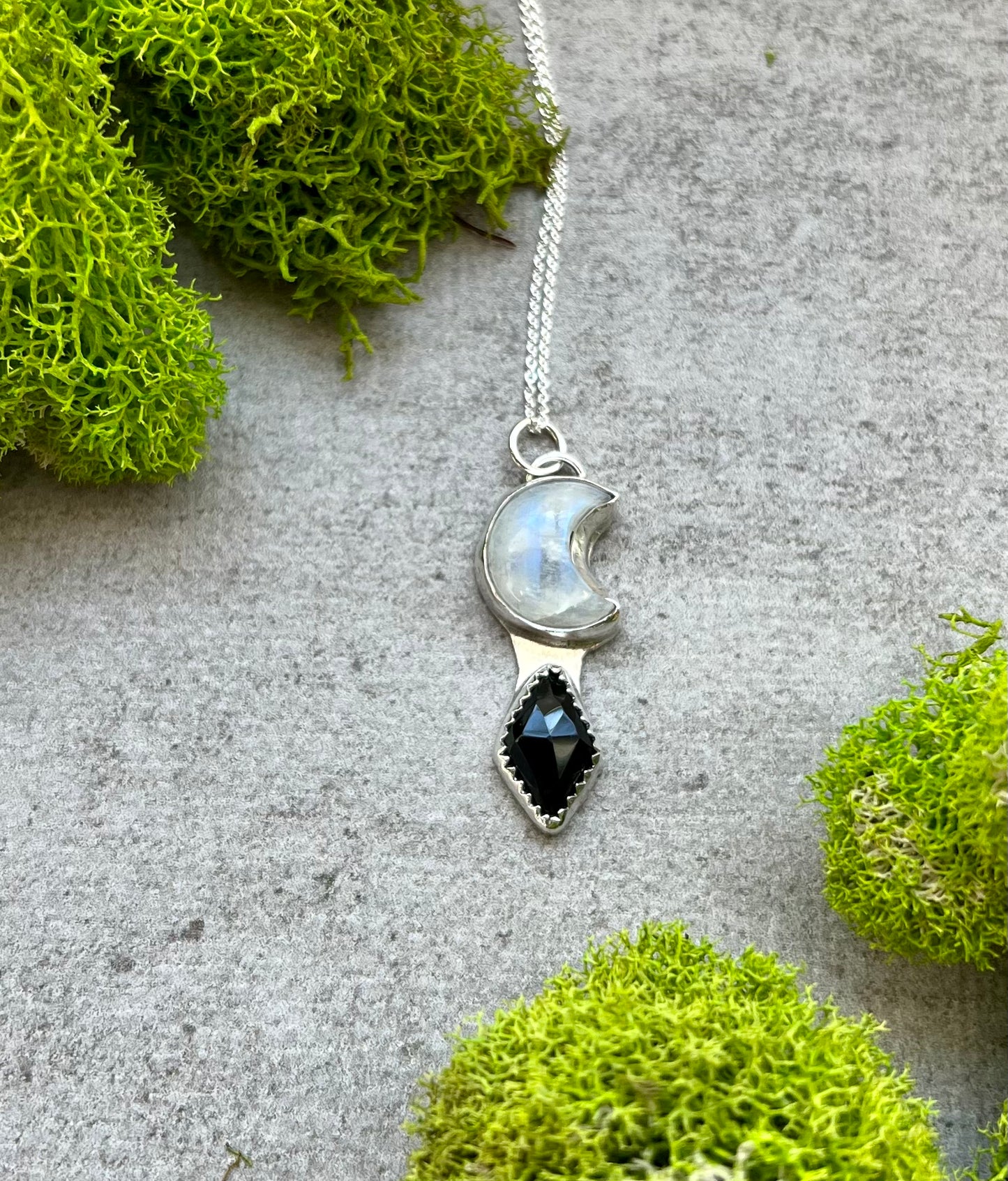 Moonstone and Onyx Crescent Moon Sterling Silver Necklace