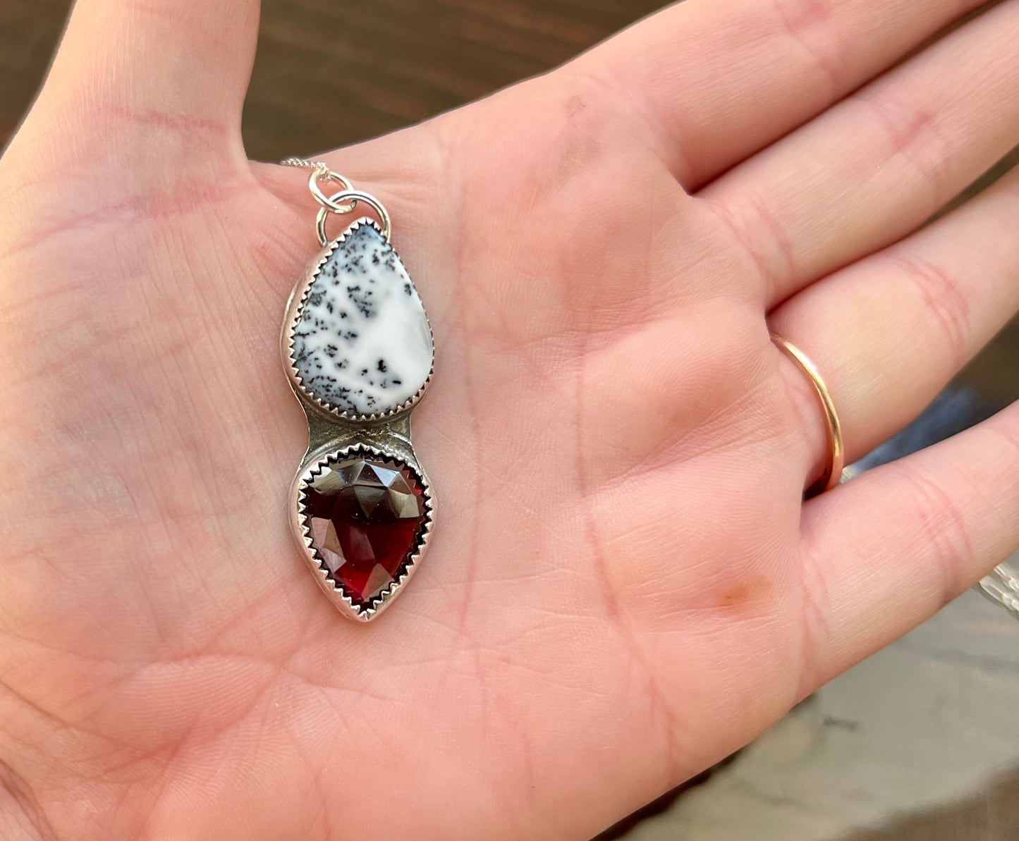 Dendritic Opal and Garnet Sterling Silver Necklace