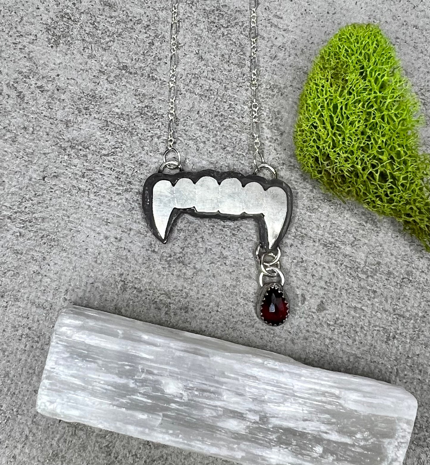 Vampire Fangs with Garnet B L O O D Droplet | Sterling Silver Necklace