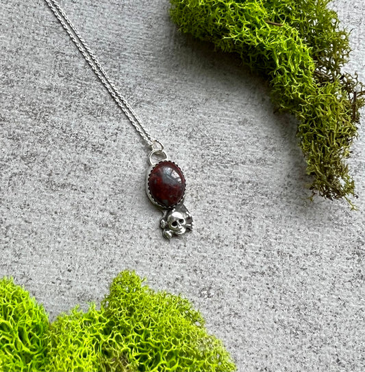 Red Dragon Jasper and Skull Sterling Silver Necklace