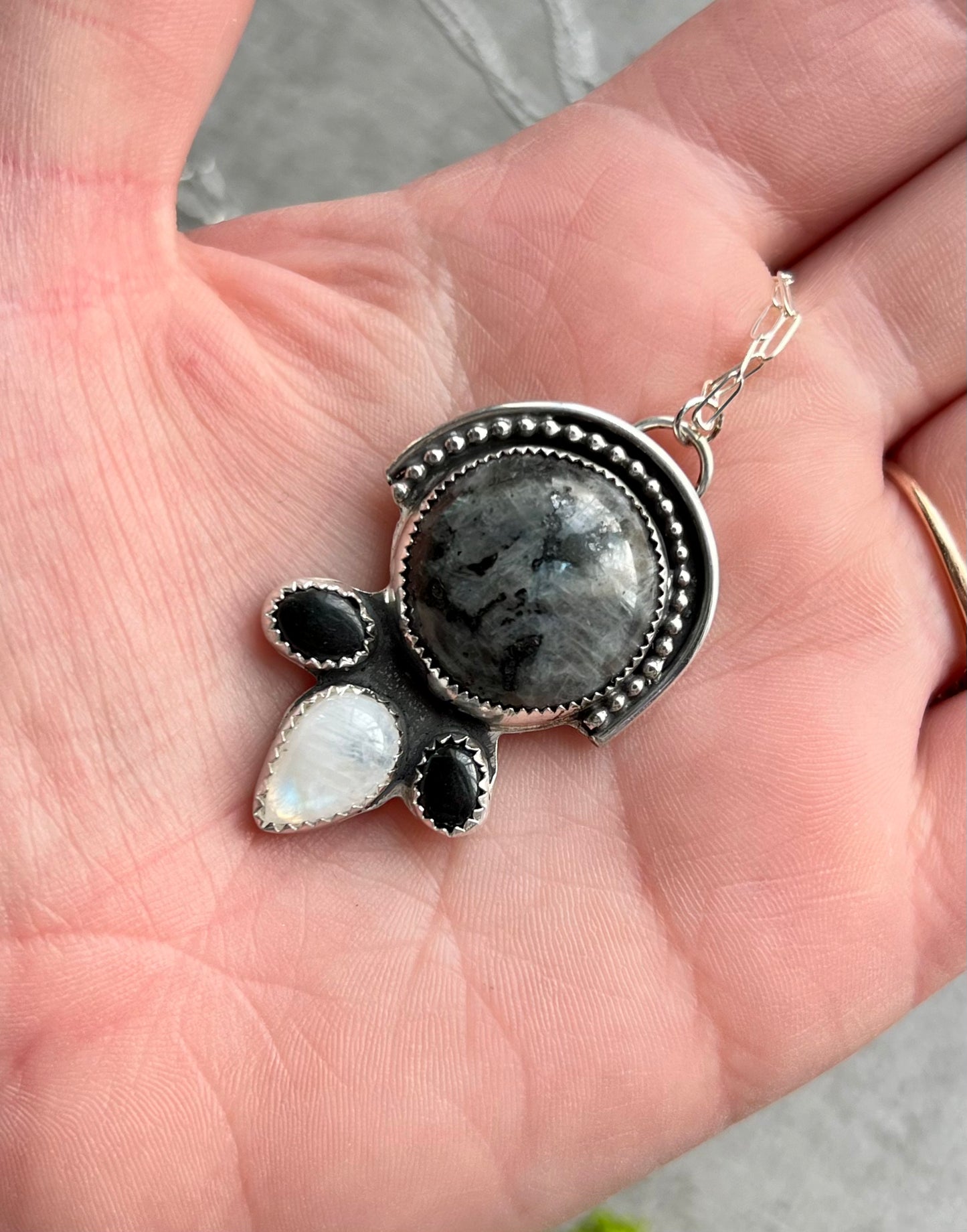 Larvikite, Onyx and Moonstone Sterling Silver Necklace