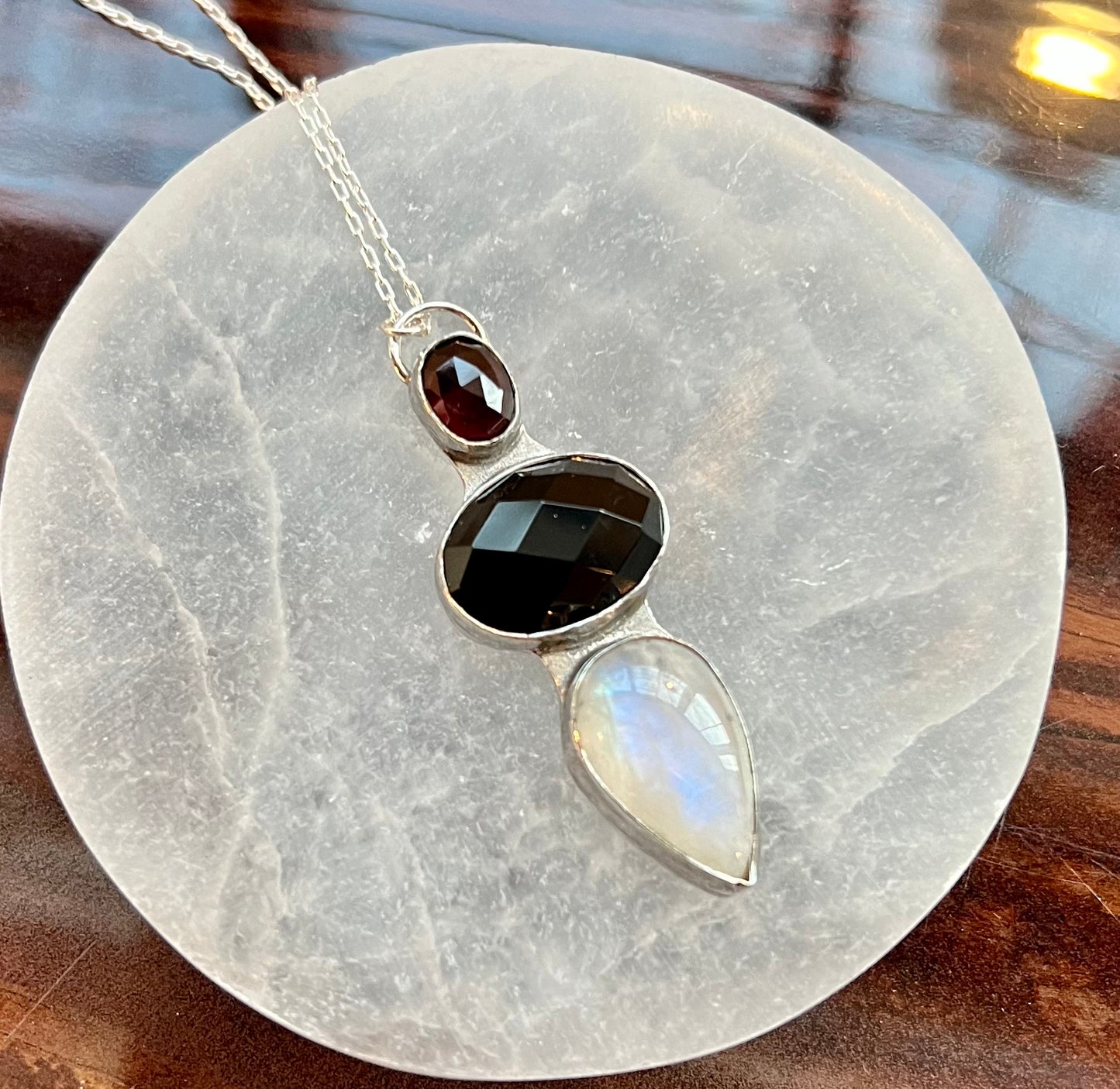 Onyx, Moonstone and Garnet Sterling Silver Necklace